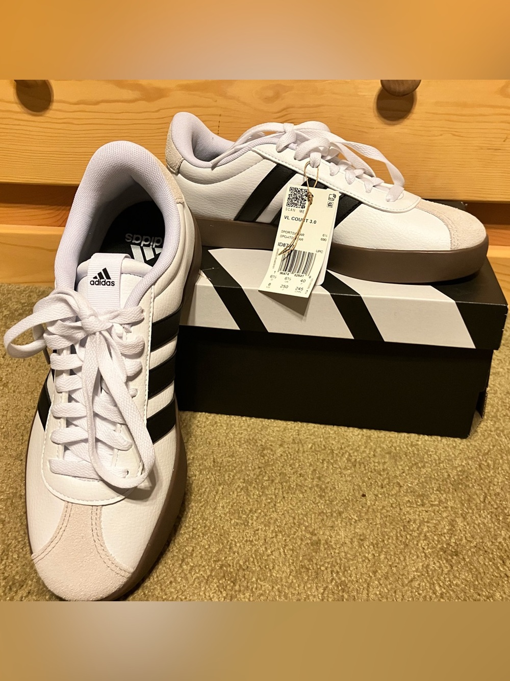 adidas Men's White Sneakers with Black Stripes and Brown Sole